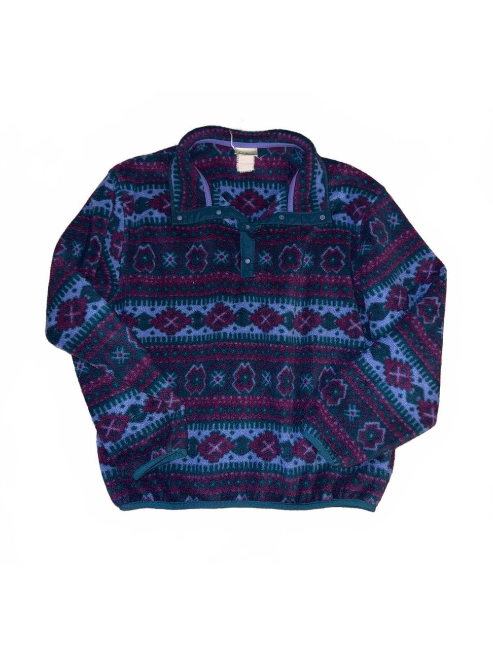 Vintage L.L.Bean Geometric Snap-Neck Fleece Pullover Purple Teal